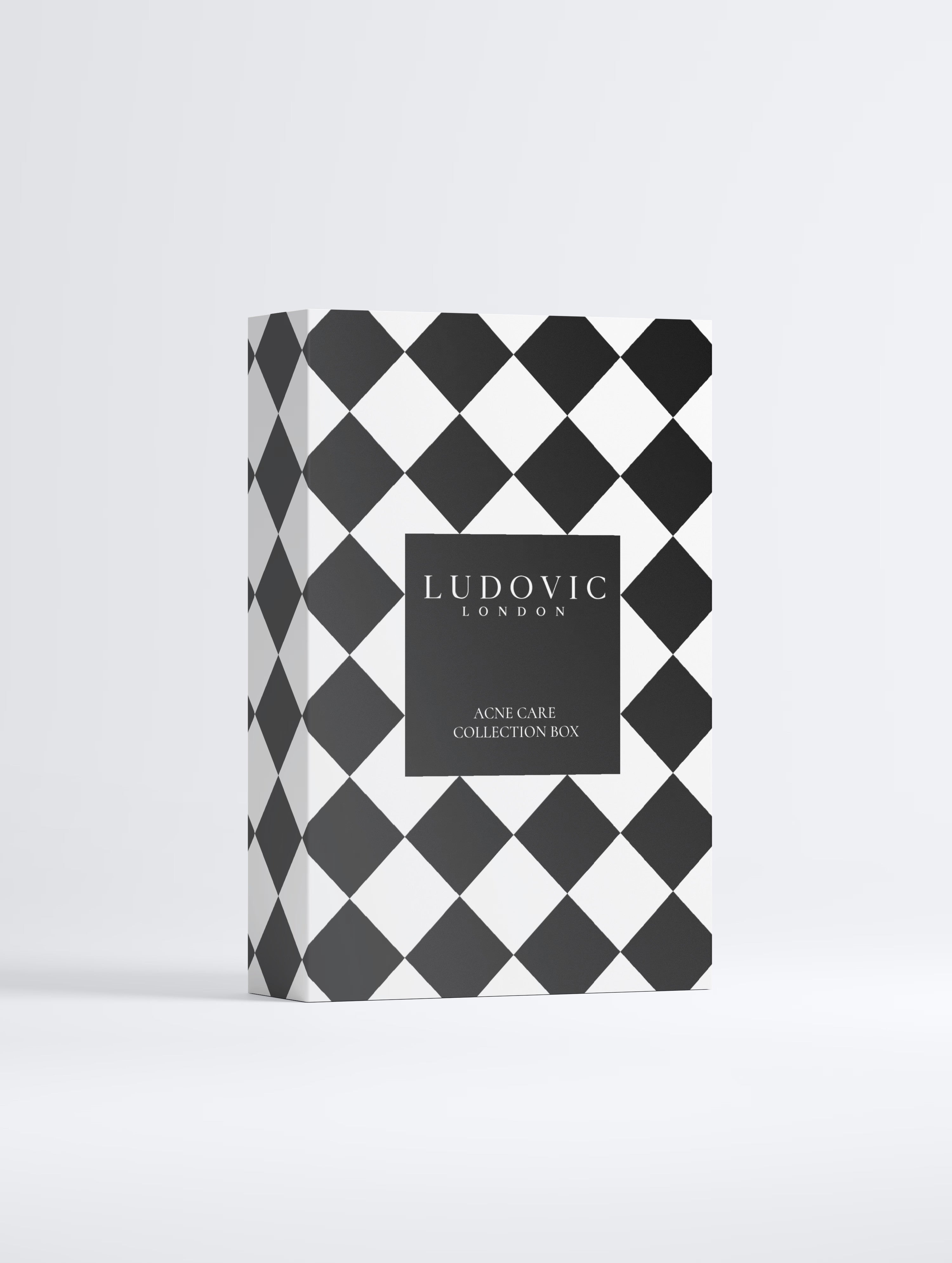 Ludovic London Skincare Collection Box with a black and white harlequin diamond pattern and a central black label.