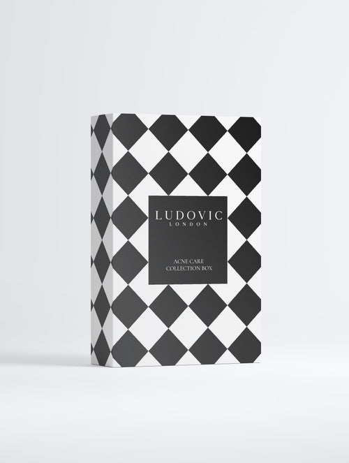 Ludovic London Skincare Collection Box with a black and white harlequin diamond pattern and a central black label.